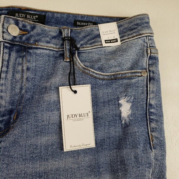 Judy Blue Gingham Distressed Jean Womens 15/32 Blue Raw Hem High Rise Skinny NEW - Picture 9 of 13